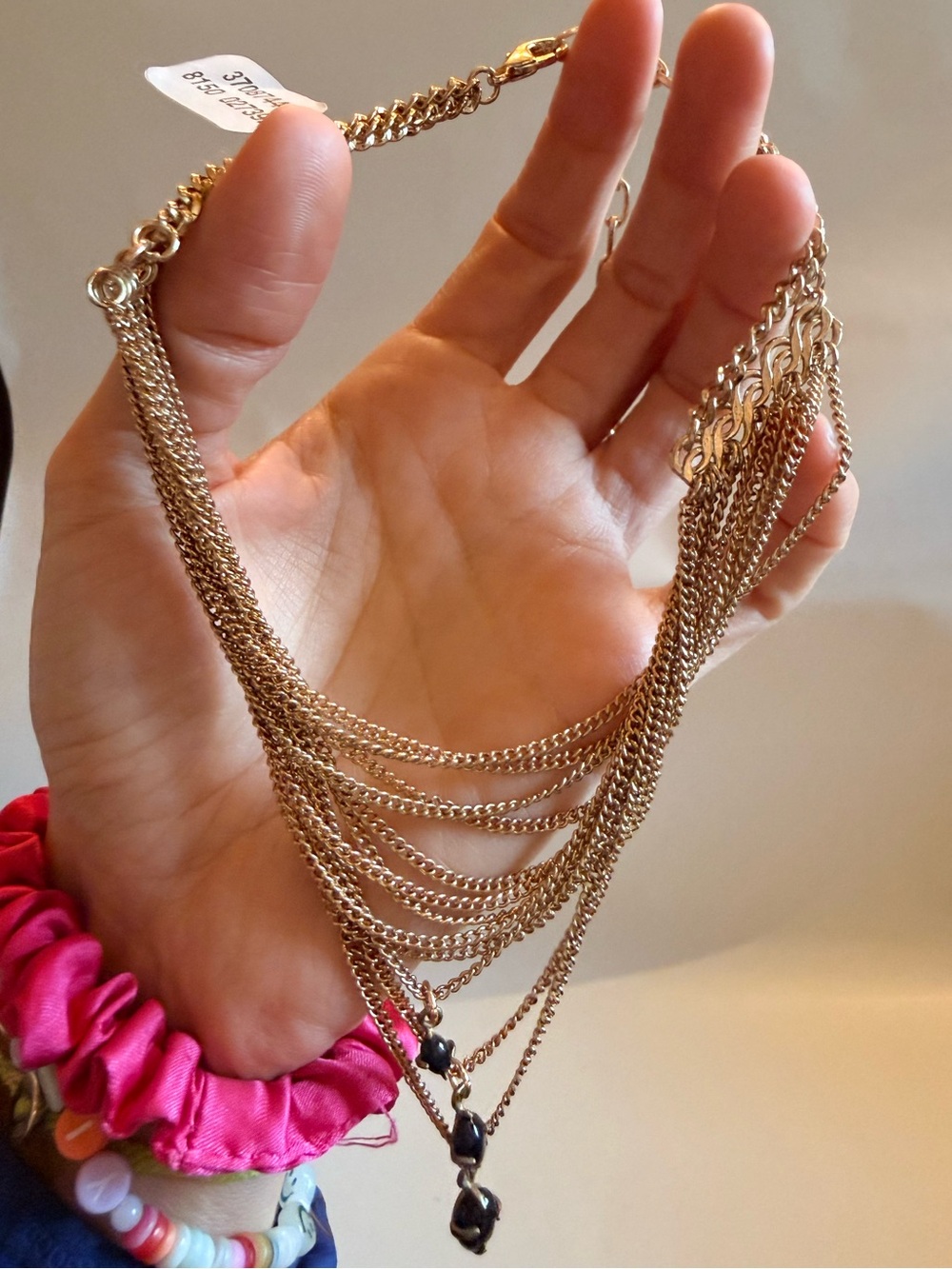 Free People Gold Multi Strand Layered Chain Necklace Black Beads NWT